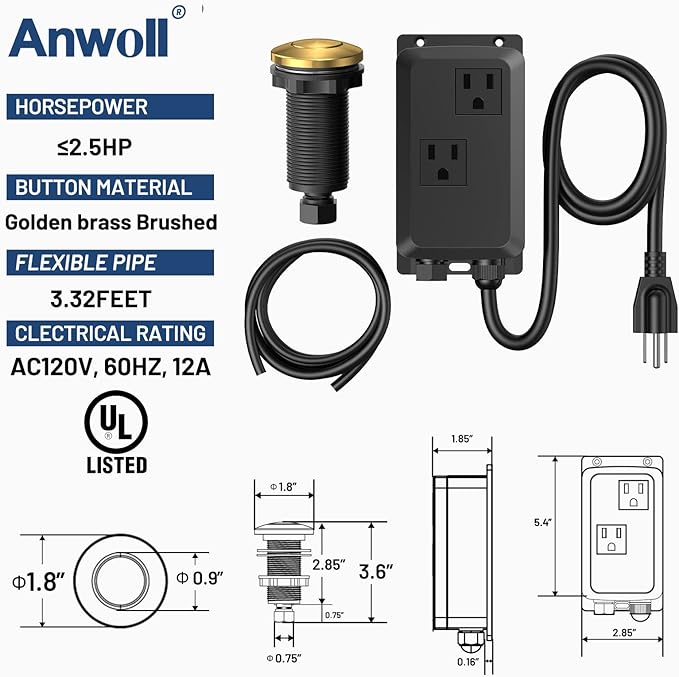 Garbage Disposal Air Switch Kit -Professional- Dual Outlet, Sink Top Waste Disposer On/Off, Garbage Disposal Button, Brass Made Cover, UL Listed-Ruum Studio Home