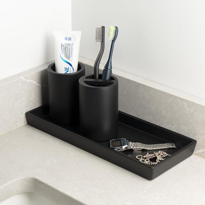 Matte Black Toothbrush Holder for Bathrooms – Modern Resin Countertop Organizer with Slots, Compact Toothbrush and Toothpaste Storage for Vanity, Hotel, Airbnb (Black)-Ruum Studio Home