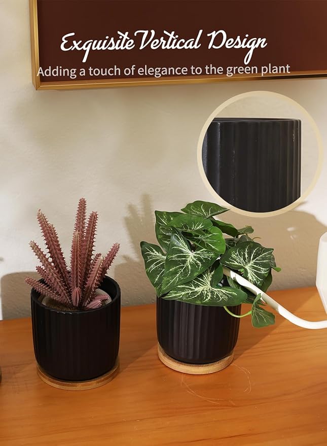 TAMAYKIM 4 Inch Small Cylinder Ceramic Plant Pots with Drainage Holes, Modern Indoor Planters with Tray for Aloe, Succulent, Snake Plants, Cactus & Herbs, Black, Set of 4-Ruum Studio Home