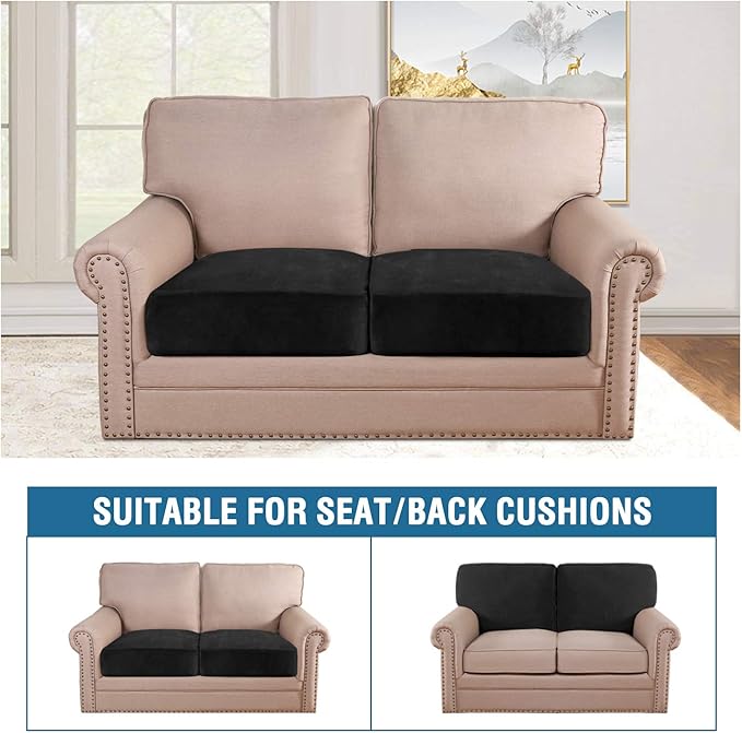 H.VERSAILTEX Velvet Stretch Couch Cushion Cover Plush Cushion Slipcover for Chair Loveseat Sofa Cushion Furniture Protector Seat Cushion Sofa Cover (2 Piece Large Sofa Cushion Covers, Black)-Ruum Studio Home