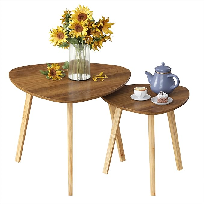 BAMEOS Bamboo Nesting Triangle End Table,Set of 2 Coffee Table Modern Minimalist Side Table for Living Room (Walunt)-Ruum Studio Home