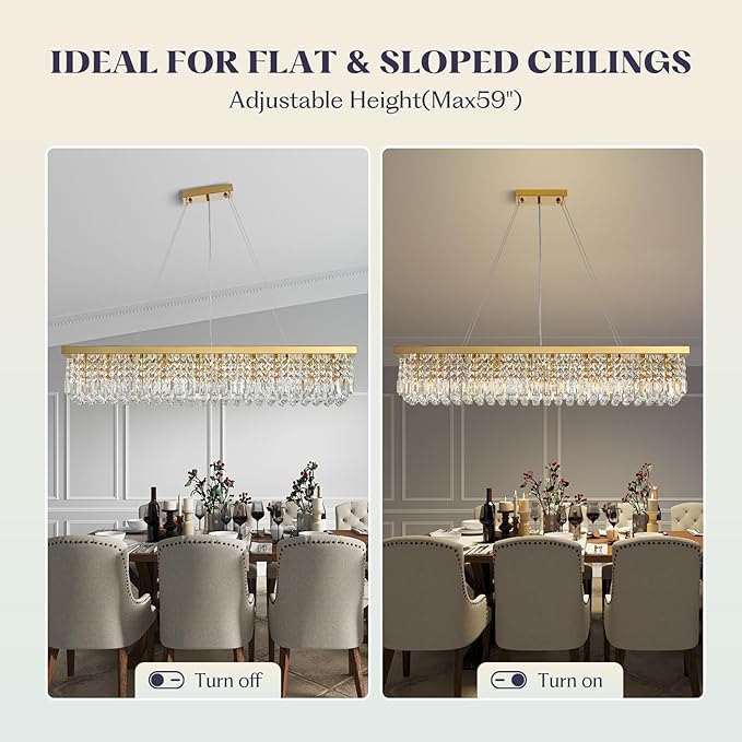 10 Lights Modern Crystal Chandelier, Gold K9 Rectangle Rectangular Chandeliers,Luxury Flush Mount Pendant Ceiling Light for Dining Room Kitchen Island L47''xW10''xH10''-Ruum Studio Home