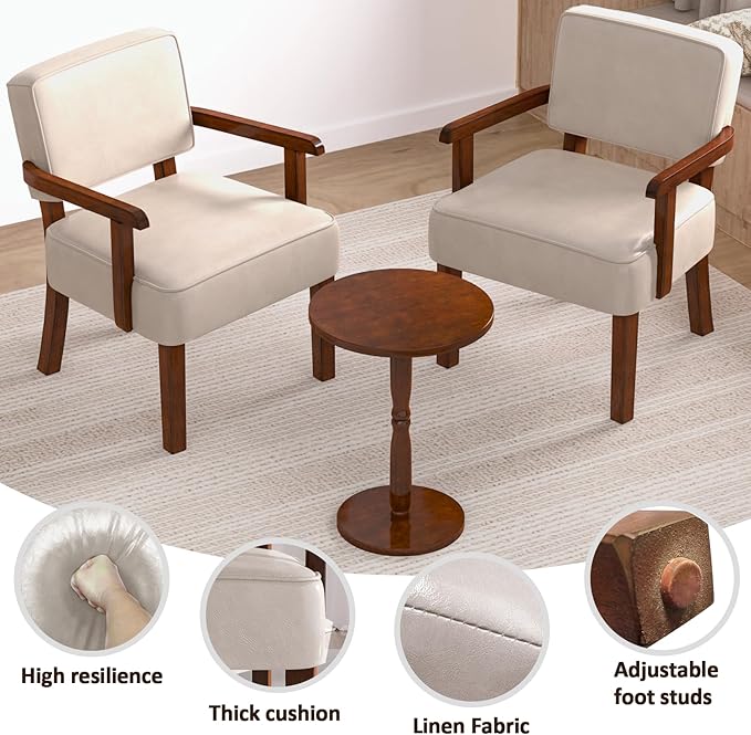 Accent Chair Set of 2 with Table, PU Leather Chair for Living Room Oversized Armchair with Soft Seat and Armrests for Bedroom Dinning Reading Waiting Room (Leather Beige)-Ruum Studio Home