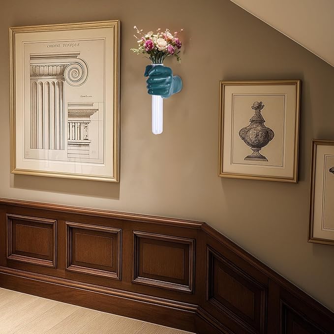 Green Wall Sculptures, Hand Vases Home Decor, Wall Mount Art Sculpture, Unique Wall Art Statue, Funky Flower Vase Decorations, Modern Eclectic Hanging Decor,Glass Test Tube Vase-Ruum Studio Home