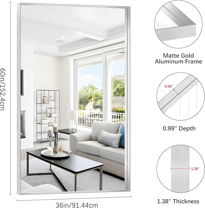 Silver Bathroom Mirror, 36x60 Inch Rectangular Deep Frame Mirror, Large Wall Mounted Bathroom Vanity Mirror Over Sink for Bedroom,Restroom, Living Room, Hangs Vertically or Horizontally-Ruum Studio Home