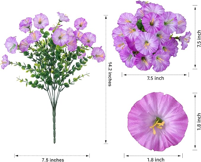 Artificial Flowers for Outdoors Fake Plants Outside Decoration, 12 Bundles Silk Purple Morning Glory UV Resistant Look Real Faux Flowers for Planter Front Door Porch Patio Yard Gardens Home-Ruum Studio Home