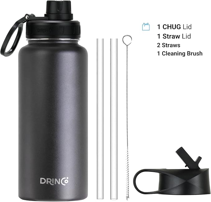 DRINCO Stainless Steel Water Bottle Spout Lid Vacuum Insulated Double Wall Water Bottle Wide Mouth (40oz 32oz 22oz 18oz 14oz) Leak Proof Keep Cold Sport Camping Hiking (32 oz, 32oz Black)-Ruum Studio Home