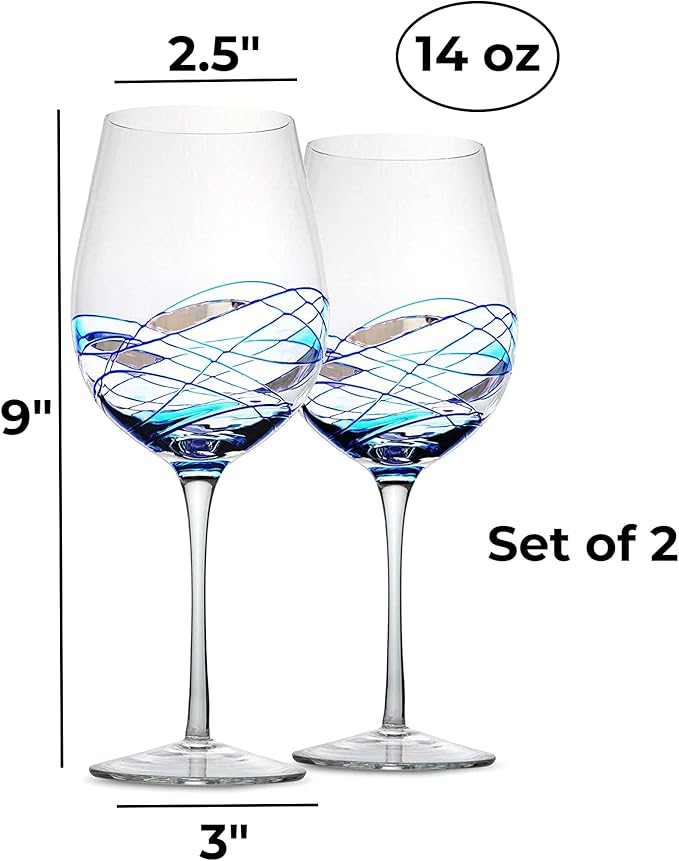 Bezrat Wine Glasses Hand Painted - Set of 2 - Women Wine Gift - Wine Lover Glass - Beautiful Glassware Gifts Ideas for Women Inspired by 'Duomo di Milano' Mothers Day - 12 oz (Blue)-Ruum Studio Home