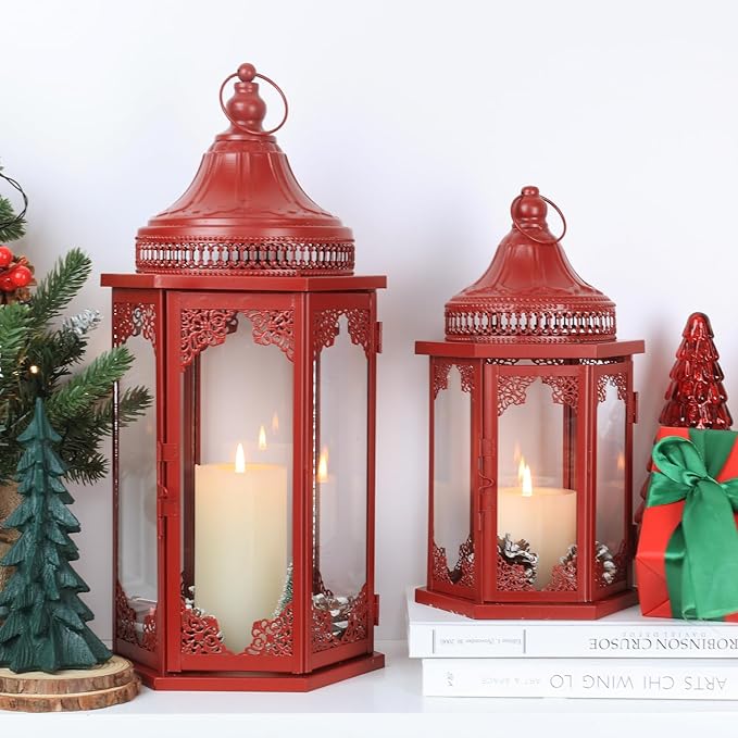 NEEDOMO Christmas Decorations Set of 2, 22''/15'' Christmas Lantern with Glass Panels for Home Decor, Decorative Hanging Lantern Indoor Outdoor for Xmas Table Centerpieces, Porch, Patio(Red)-Ruum Studio Home
