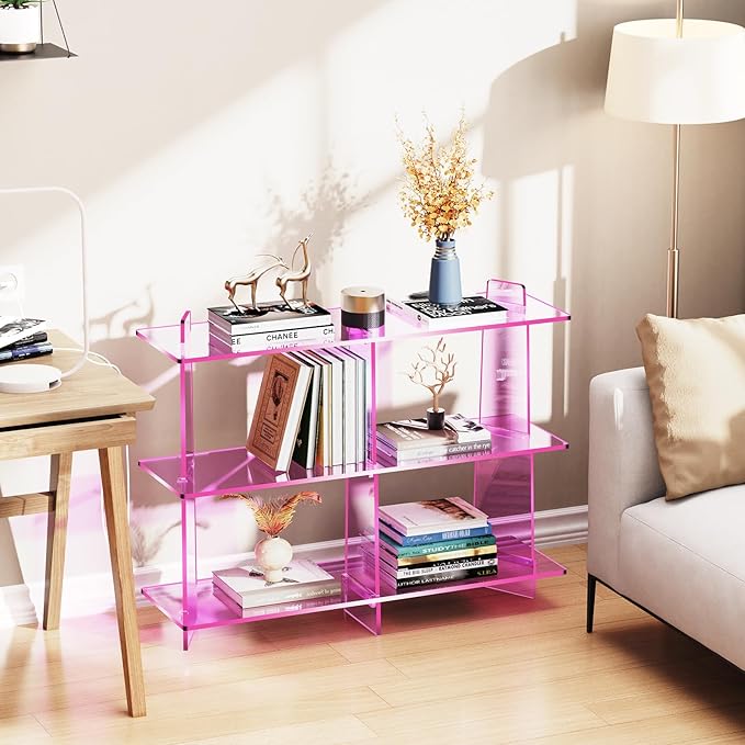 Acrylic Bookshelf, Small 3 Tier Open Bookcase for Small Spaces,Sofa Table, Hallway Entry Table for Home Living Room (Pink, 39.4'' x 11.8'' x 31.5'')-Ruum Studio Home