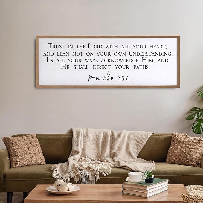 Trust in the Lord With All Thine Heart Wall Decor Art Bible Verse Sign Proverbs 3:5-6 Framed Wood 32X12 Inch For Scripture Christian Hanging (Wood)-Ruum Studio Home