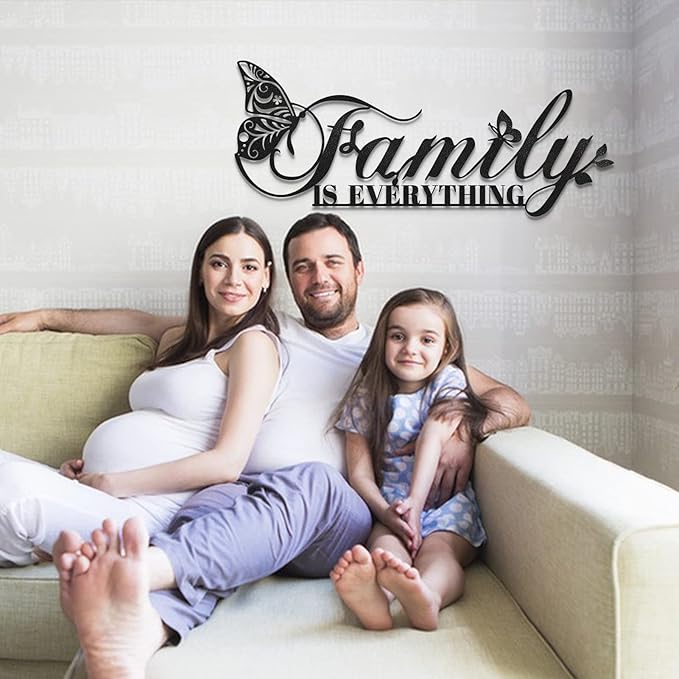 Family Signs Metal Wall Decor, Oppro Family Is Everything Word Sign with Butterfly for Home Decor, Black Art Plaque Letters for Living Room, Dining Room Bedroom Housewarming Mother's Day Father's Day Gift , 17”x6.3”-Ruum Studio Home