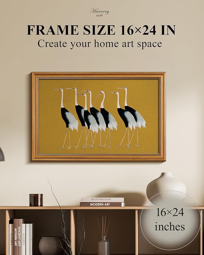 HUARCEY Gold Framed Vintage Wall Art for Living Room, Animals Painting Prints Shelf Decor for Kitchen, Aesthetic Bedroom Wall Art Decor, Christmas Gifts for Friends or Family (Seven Cranes 16"x24")-Ruum Studio Home