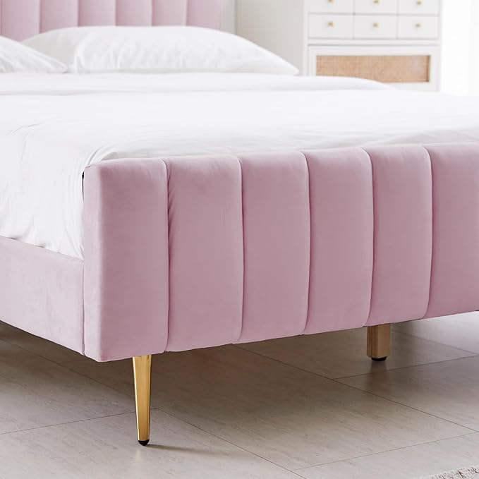 Livinia King Size Elton Velvet Platform Bed, Upholstered Bed Frame with Vertical Channel Tufted Headboard Footboard, Strong Wood Slats, No Box Spring Needed, Pink (King)-Ruum Studio Home