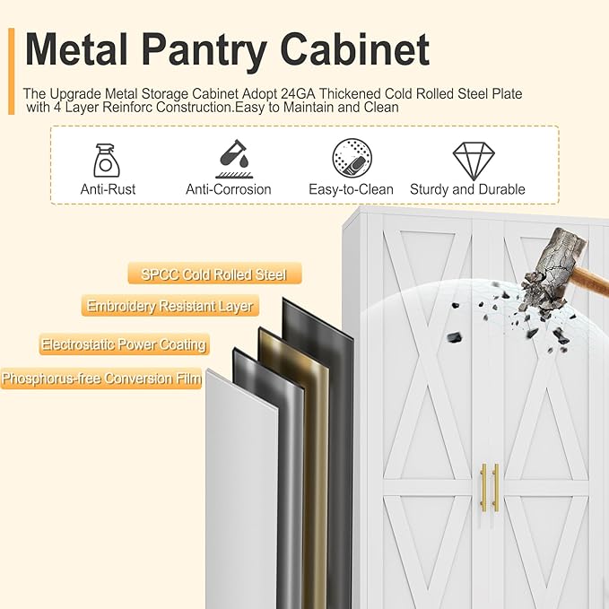 75" Tall Metal Kitchen Pantry Storage Cabinet, Freestanding Cupboard with 2 Doors and 5 Adjustable Shelves, Standing Storage for Kitchen, Bathroom, Garage, Dinning Room or Utility Room（White）-Ruum Studio Home