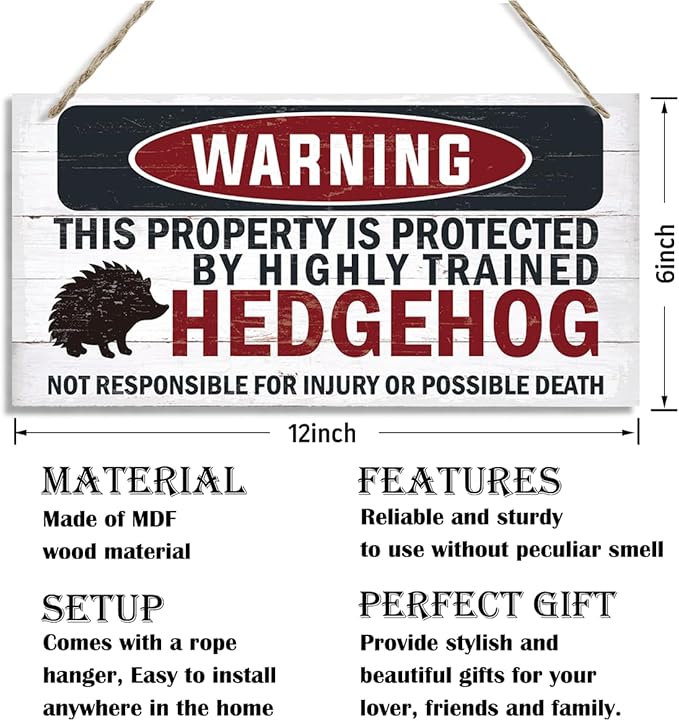 Warning Signs - Highly Trained Hedgehog Plaque, Decorative Wood Hanging Sign for Yard, Street, Garden, Garage, Outdoor, Home-Ruum Studio Home