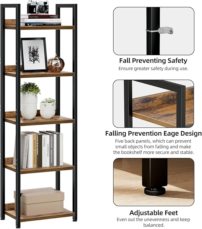 NUMENN Narrow Bookshelf, 5 Tier Bookshelves, Home Office Bookcase Shelf Storage Organizer, Free Standing Storage Shelving Unit for Bedroom, Living Room and Home Office, Vintage-Ruum Studio Home