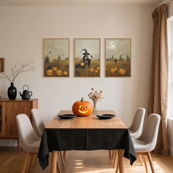 Celestdeco Halloween Ghost Reaper Framed Wall Art Set, Scary Witchy and Pumpkin Wall Decor, Horror Night Wall Painting, Full Moon Bats Art Prints for Living Room,Bedroom,Halloween Themed Party Decoration-24"×36"×3-Ruum Studio Home