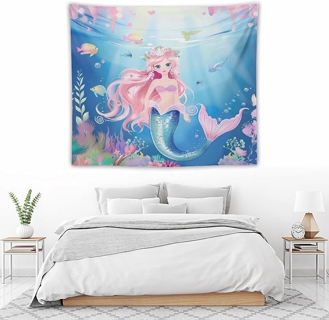HZOHNAGO Mermaid Girls Tapestry Watercolor Mermaid Princess Pattern Printed Wall Tapestry Wall Hanging for Bedroom Living Room Dorm 60" W x 50" H-Ruum Studio Home