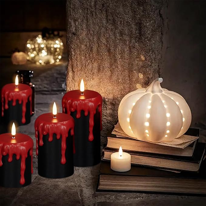 Wondise Halloween Flameless Candles with 6H Timer, Battery Operated Dripping Real Wax Black LED Pillar Candles 3D Wick Flickering Spooky Halloween Indoor Decoration (3 Pack, 3 x 4,5,6 Inches)-Ruum Studio Home