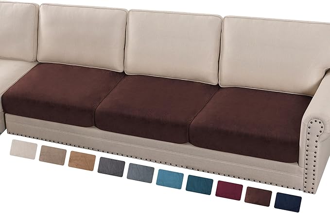 PrinceDeco Velvet Couch Cushion Covers 3 Pieces Velvet Separate Couch Cover Stretch Sofa Slipcover Washable Furniture Protector for Sectional Sofa Each Width Up to 40", Brown-Ruum Studio Home