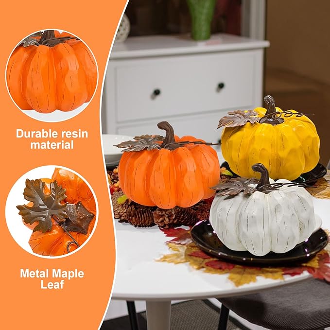 Large Pumpkin Decor Fall Decor, 3PCS Resin Pumpkins Thanksgiving Decorations with Metal Maple Leaf,5.9Inch Artificial Pumpkins for Home, Farmhouse, Mantel, Centerpiece Table Decorations-Ruum Studio Home