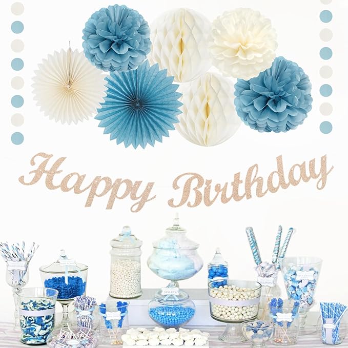 Dusty-Blue White Birthday Party-Decorations Paper-Flowers - 14pcs Happy Banner Boy Lanterns Tissue Pom Poms,Men Streamers Garland Fans Honeycomb,Baby Teen Male Kids Hanging Supplies Decor Hugfond-Ruum Studio Home