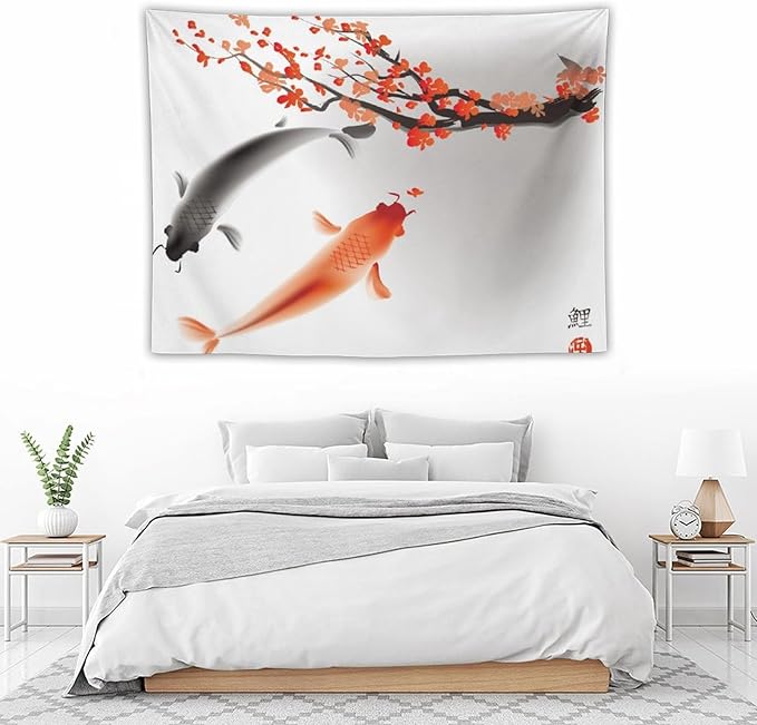 Japanese Koi Fish Tapestry, Cherry Blossoms Asian Oriental Flower Branch Koi Fish Carp Tapestries Wall Hanging for Bedroom Living Room Office Decor 40"x30"-Ruum Studio Home