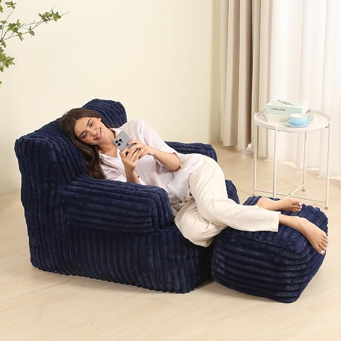 Comfy Gaint Bean Bag Chair with Ottoman, Fluffy Huge Bean Bag Armchair for Adults and Teens, Dark Blue-Ruum Studio Home