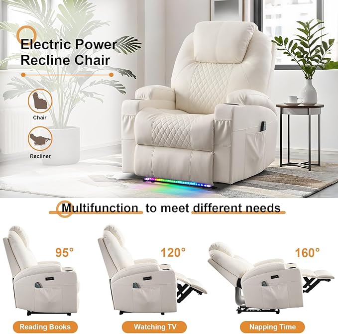 AHMED Power Recliner Chair with Vibration Massage & Heat for Adults, Faux Leather Home Theater Seating with Cup Holders/LED Lights/USB Ports/Side Pockets for Living Room, Beige-Ruum Studio Home