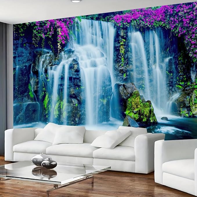 FENDROM Waterfall Tapestry Purple Forest Wild Flowers Floral Mountain Jungle Plants Nature Landscape Wall Hanging Bedroom Living Room Hanging Decorative Blanket-Ruum Studio Home