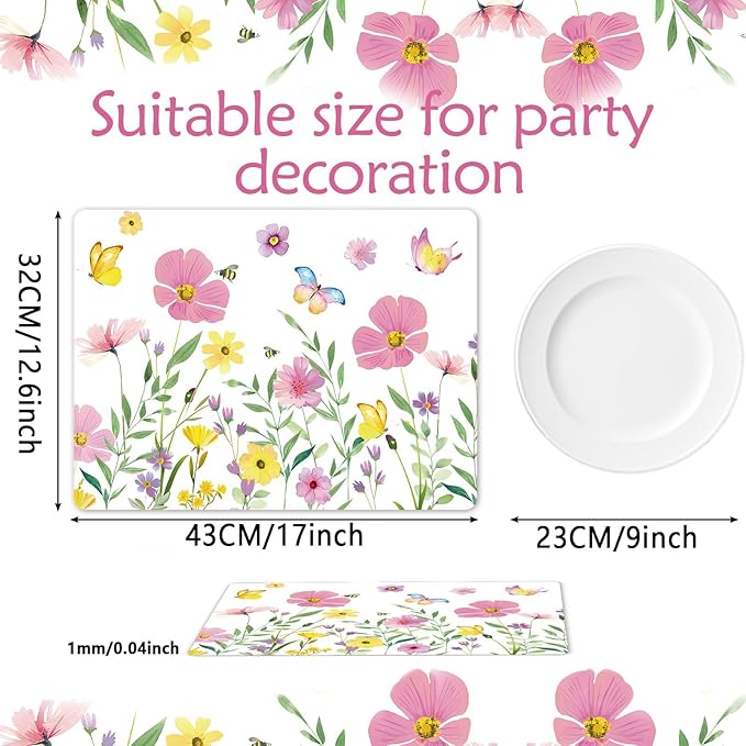 Spring Floral Butterfly Placemats Set of 6 Flower Summer Plastic Table Mats Wildflower Place Mats Washable Vinyl Rustic Holiday Table Decoration for Indoor Outdoor Party Kitchen Dining-Ruum Studio Home