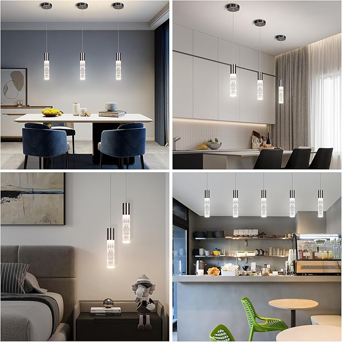 OKELI Modern Pendant Light,3Color LED Bubble Crystal Island Light Fixtures,Black Mini Pendant Lighting for Kitchen Island,Bar,6W,3000-6000K,ETL-Ruum Studio Home