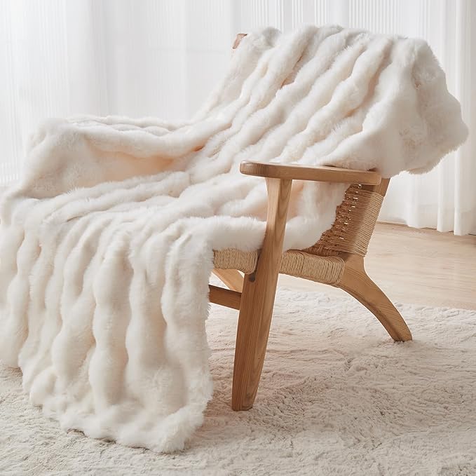 Lotus Karen Faux Fur Blanket - Cream White Twin Size, Big Bubble Rabbit Fluff, 60x80 Inches-Ruum Studio Home