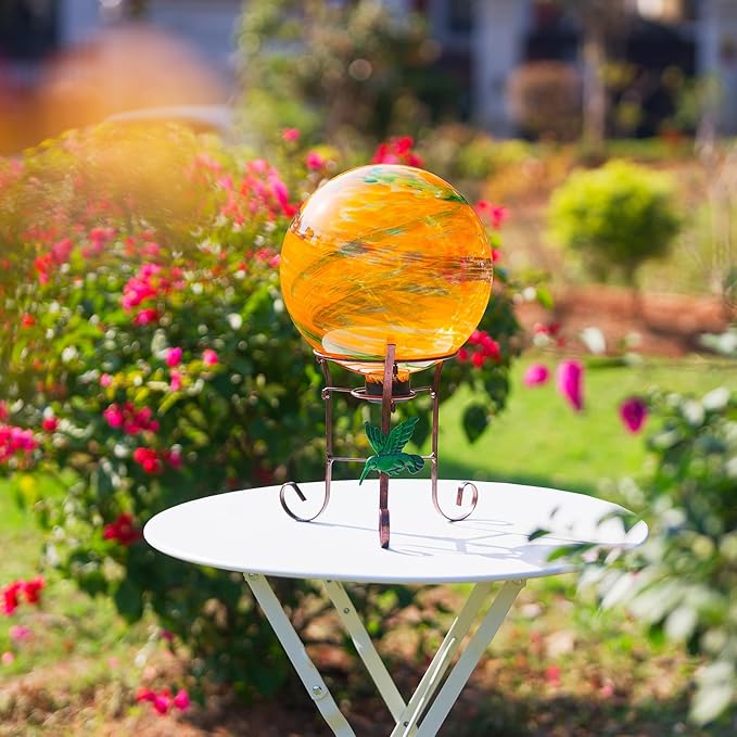 10 Inch Glass Gazing Ball, with 9.4" Tall Metal Gazing Globe Stand, Glass Balls Display Holder Set for Outdoor Garden Lawn Yard Decoration, Sunset Sky-Ruum Studio Home