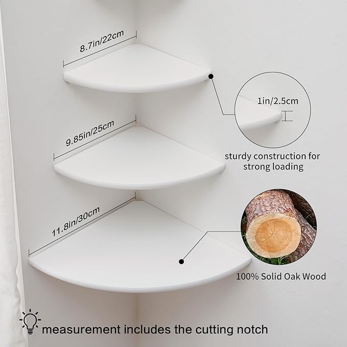 Corner Shelves, Floating Corner Shelf, Set of 3 Solid Oak Wood Corner Wall Shelves, Round End with Wire Hole Shelving for Small Plant for Bedroom Kitchen, Living Room (Size 9/10/12in)-Ruum Studio Home