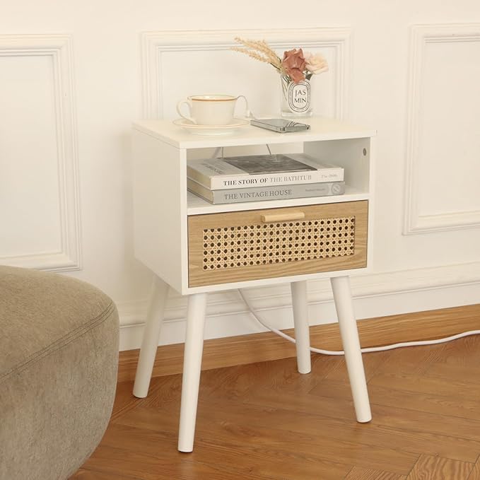 MaxSmeo Nightstand with Charging Station, Bedside Tables with Rattan Drawer, Mid Century Modern Nightstand, End Table for Living Room, Bedroom and Small Spaces, Easy Assembly (White)-Ruum Studio Home
