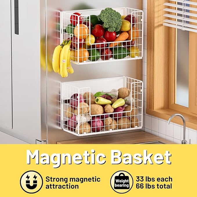 Magnetic Shelf for Fridge, Fruit Potato & Onion Storage Bins, Pantry Organizers & Storage, Large Container Magnetic Basket for Refrigerator, Kitchen Counter,Cabinet Magnetic Fridge Organizer White (2)-Ruum Studio Home