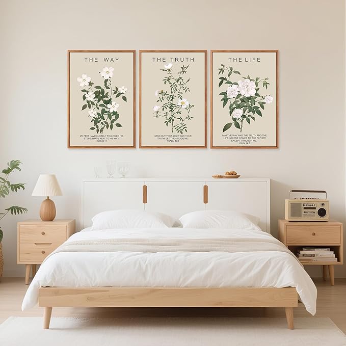 Aurlan The Way The Truth The Life Bible Verse Framed Wall Art(16"x24"), 3PCS Boho Christian Scripture Canvas Artwork, Large Floral Botanical Job 23:11 Psalm 43:3 John 14:6 Decor for Home Bedroom-Ruum Studio Home