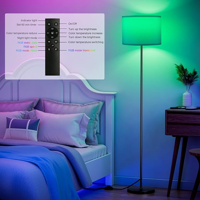 Ambimall Floor Lamp for Living Room with Smart Light Bulb, RGB + Stepless Dimmable Colors Temperature & Brightness(White Shade & Black Pole)-Ruum Studio Home