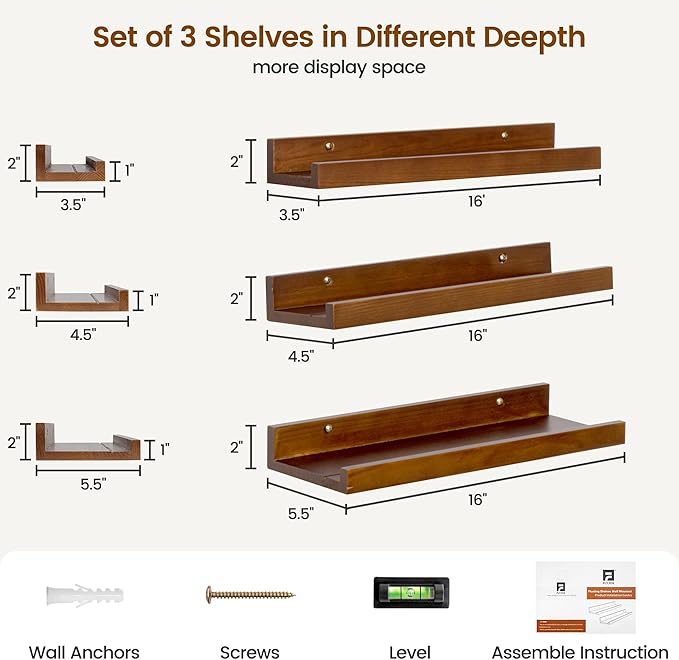 Pine Wood Rustic Floating Ledge Shelves Set of 3, 16 inches Width - Solid Pine, Walnut Finish - Kids' Room to Living Room Wall Decor-Ruum Studio Home