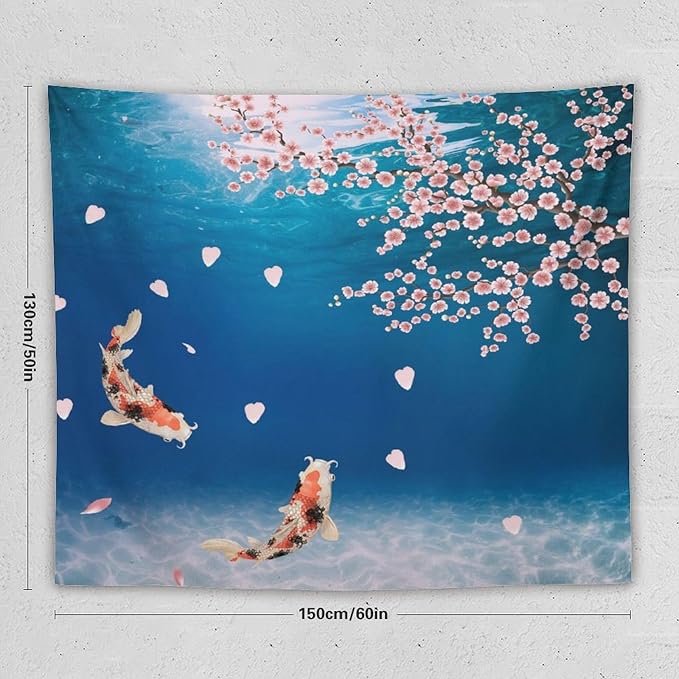 Japanese Koi Fish Tapestry, Cherry Blossoms Asian Oriental Blue Floral Branch Koi Fish Carp Tapestries Wall Hanging for Bedroom Living Room Office Decor 60"x50"-Ruum Studio Home