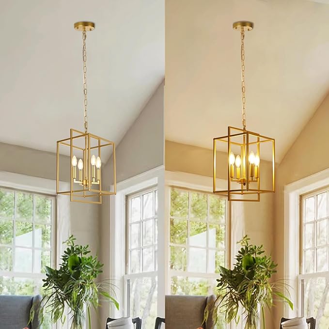 Farmhouse Gold Chandelier, 4-Light Vintage Chandeliers for Dining Room, Adjustable Modern Rustic Metal Hanging Pendant Light Fixture for Entryway Foyer Kitchen Island Hallway-Ruum Studio Home