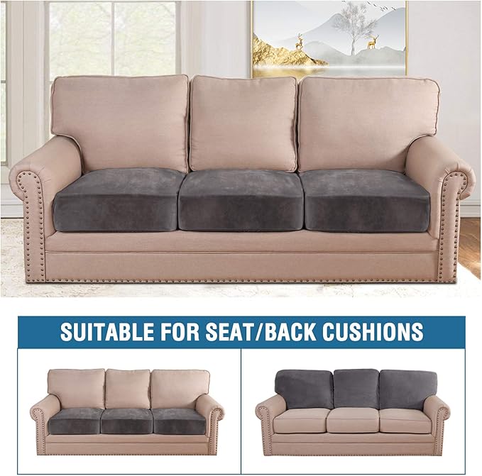 H.VERSAILTEX Velvet Stretch Couch Cushion Cover Plush Cushion Slipcover for Chair Loveseat Sofa Cushion Furniture Protector Seat Cushion Sofa Cover (3 Piece XL Sofa Cushion Covers, Grey)-Ruum Studio Home