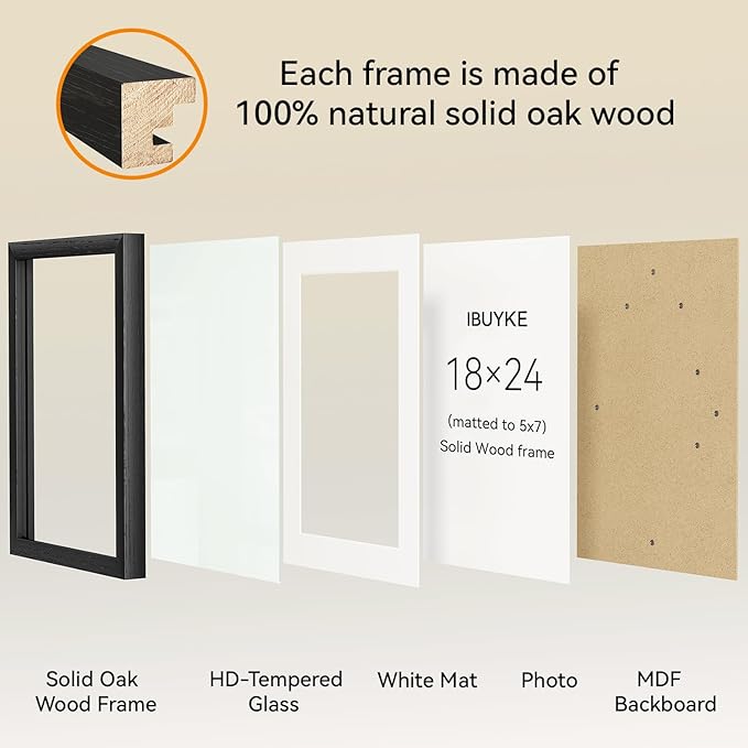 IBUYKE 18x24 Picture Frame,Solid Oak Wood 18x24 Photo Frame with Mat to 16x20,18x24 Picture Frames With Tempered Glass,Wall Mount Display,Home Decor,Black Oak 24 x 18 Frame,UWPF1824B-Ruum Studio Home