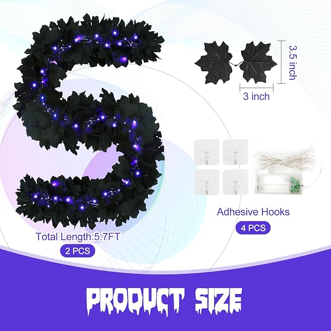 Joyhalo 2 Pack Halloween Garland with Lights, Black Maple Leaves Lighted Garland for Mantle, 5.7FT Light Up Leaf Autumn Vines Outdoor for Door Frame, Fireplace and Thanksgiving Fall Decor-Ruum Studio Home