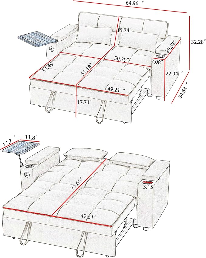 65'' 3-in-1 Folding Convertible Sofa Bed, Pullout Sofa, Modern Chenille Fabric, 360° Swivel Side Table, Easy Assembly, Perfect for Living Room, Black-Ruum Studio Home