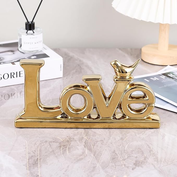 Gold Love Sign Statue - Personalized Home Decor, Bird Sculpture for Living Room, Bedroom, Desktop & Cabinets-Ruum Studio Home