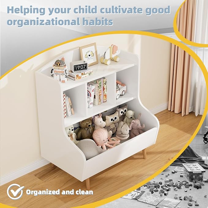 Toy Storage Organizer, 3 Tier Floor Standing Toddler Bookshelf with Legs, 5 Cube Kids Bookshelf and Toy Storage, Book Shelf for Kids Room, Living Room, Nursery, White-Ruum Studio Home