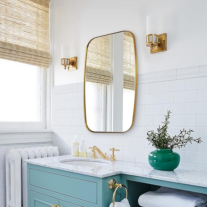 ANDY STAR Gold Bathroom Mirror, 20x30’’ Brushed Gold Vanity Mirror for Bathroom, Brushed Brass Oblong Stainless Steel Metal Frame Mirror for Over Sink-Ruum Studio Home